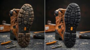 Before and after changing hiking boot soles - comparison of worn and new Vibram soles.