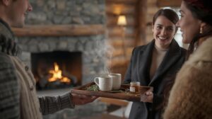 A warm welcome to guests at a hotel in Bansko with tea and a smile at the reception