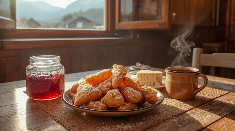 Traditional Bansko breakfast with homemade mekitsi, cheese and jam in a hotel restaurant