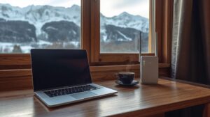 A digital nomad's workplace in Bansko with a 5G router and a view of Pirin Mountain.