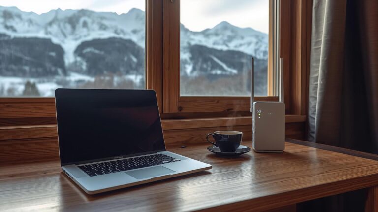 A digital nomad's workplace in Bansko with a 5G router and a view of Pirin Mountain.