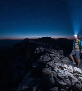 Турист с челник за планина осветява пътека в Пирин по здрач