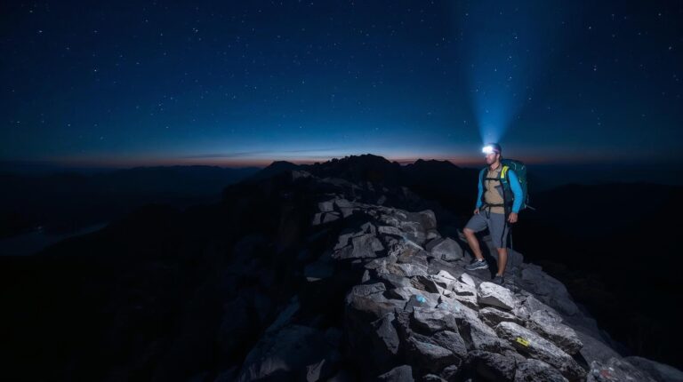 A hiker with a mountain headlamp illuminates a trail in Pirin at dusk