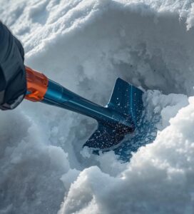 Метална лавинна лопата с функция мотика копае в твърд сняг.