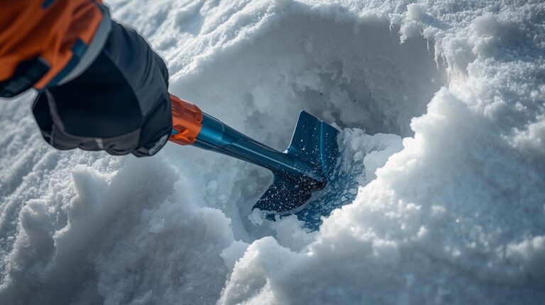 A metal avalanche shovel with a hoe function digs into hard snow.