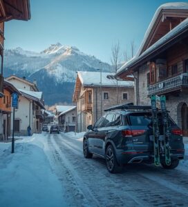Зимен трафик и паркиране в Банско по улица с традиционни къщи и планината Пирин на заден план.