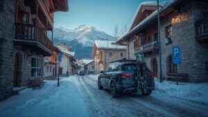 Winter traffic and parking in Bansko on a street with traditional houses and the Pirin Mountains in the background.