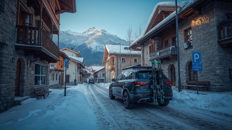 Winter traffic and parking in Bansko on a street with traditional houses and the Pirin Mountains in the background.