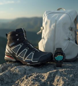 Туристическа екипировка 2026 - Salomon Quest 4, раница от Dyneema и Garmin Fenix 8 на фона на Пирин.