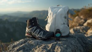 Hiking equipment 2026 - Salomon Quest 4, Dyneema backpack and Garmin Fenix 8 against the backdrop of Pirin.