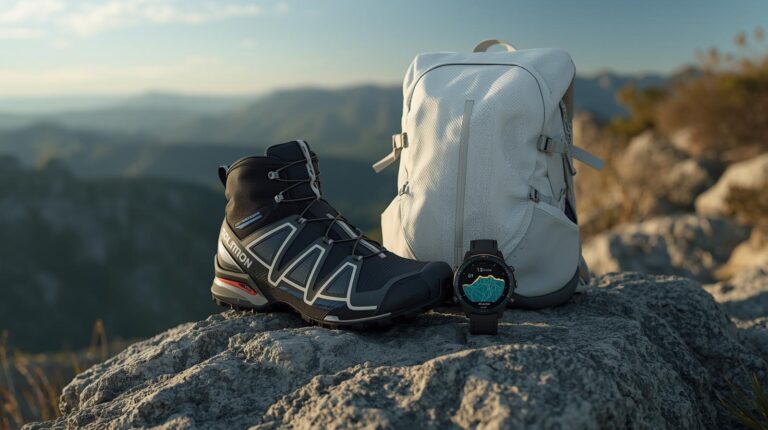 Hiking equipment 2026 - Salomon Quest 4, Dyneema backpack and Garmin Fenix 8 against the backdrop of Pirin.