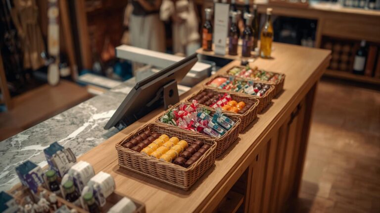 A checkout area in a store in Bansko with impulse goods lined up for upsells.