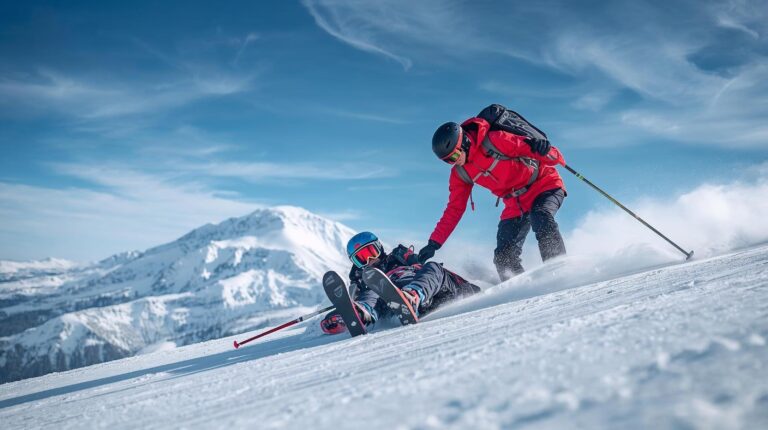 A ski instructor in Bansko provides assistance to an injured person on the slope.
