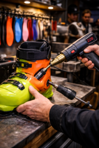 Boot fitting and stretching process of a ski boot in a service center in Bansko
