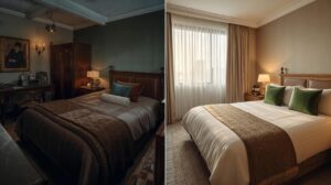 Comparison of a hotel room in Bansko before and after professional interior photography and styling