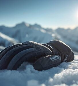 Качествени ски ръкавици върху сняг с гледка към Пирин планина Банско