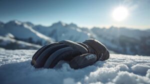 Quality ski gloves on snow with a view of Pirin Mountain Bansko