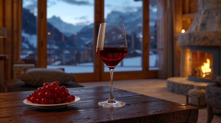 A glass of red wine in a spa hotel in Bansko against a snowy mountain backdrop