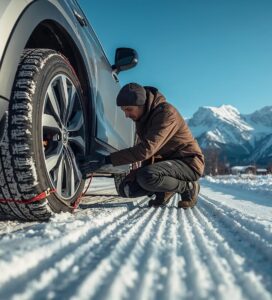 Монтаж на вериги за сняг на автомобил на фона на Пирин планина в Банско.