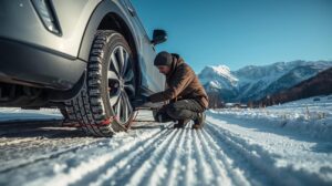 Installing snow chains on a car against the backdrop of the Pirin Mountains in Bansko.