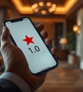 Смартфон показващ нисък рейтинг 1 звезда в приложение за хотелски резервации