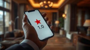 Smartphone showing a low 1 star rating in a hotel booking app