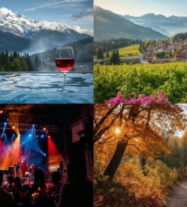 Колаж на четирите сезона в Банско - зимен спа басейн, пролетни лозя, летен джаз фестивал и есенна гора в Пирин.