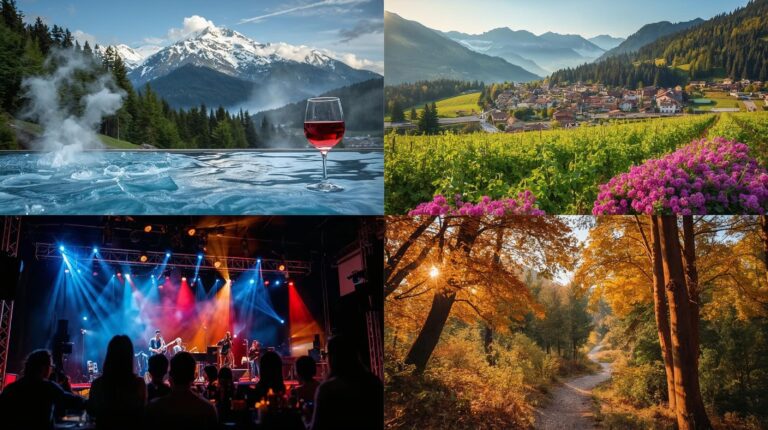 A collage of the four seasons in Bansko - a winter spa pool, spring vineyards, a summer jazz festival and an autumn forest in Pirin.