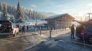 Parking lot at the base station of the lift in Bansko full of cars and skiers in the morning
