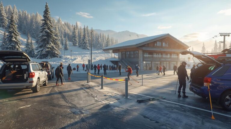 Parking lot at the base station of the lift in Bansko full of cars and skiers in the morning