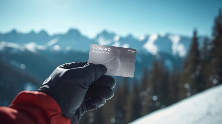 Bansko Loyalty Club seasonal card against the backdrop of snowy slopes in Bansko