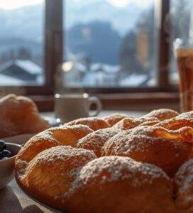 Традиционна закуска в Банско - мекици с пудра захар и сладко от боровинки