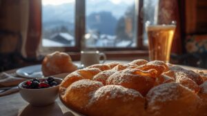 Traditional breakfast in Bansko - mekitsi with powdered sugar and blueberry jam