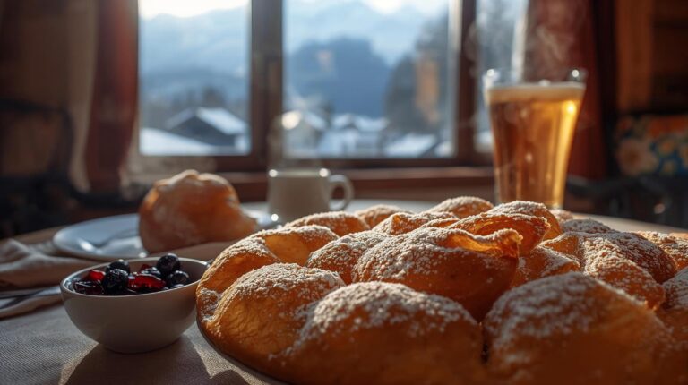 Traditional breakfast in Bansko - mekitsi with powdered sugar and blueberry jam
