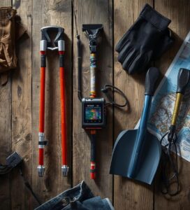 Пълен комплект лавинна екипировка - уред, сонда и лопата на дървен фон