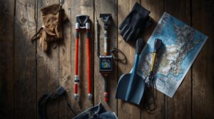 Full set of avalanche equipment - device, probe and shovel on wooden background