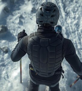 Скиор с каска и протектор за гръб на писта с тънък сняг и видими камъни.