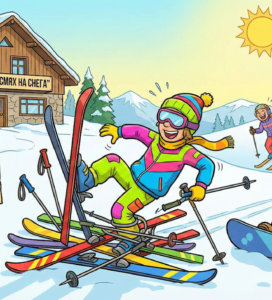Хумористична карикатура на ски писта със заплетен скиор, сноубордист с телефон и дървена табела с надпис "100-ТЕ НАЙ-СМЕШНИ ВИЦА ЗА СКИОРИ - СЕЗОН 2026".
