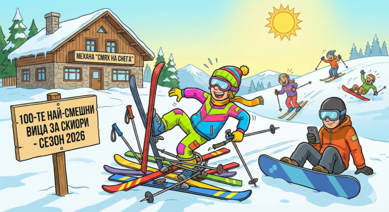 A humorous cartoon of a ski slope with a tangled skier, a snowboarder with a phone, and a wooden sign reading "THE 100 FUNNIEST SKIING JOKES - SEASON 2026".