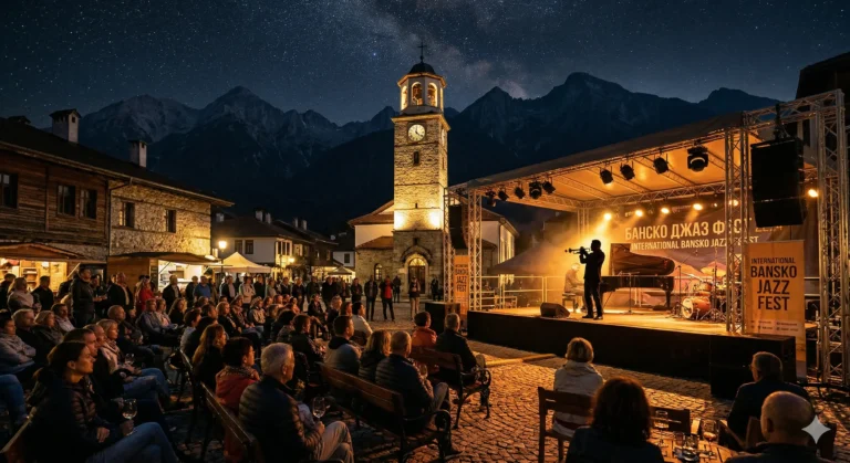 Вечерен концерт на Банско Джаз Фест на площада в стария град.