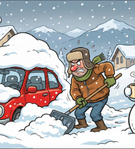 Ядосан мъж с лопата рине сняг от затрупана червена кола в снежна буря, докато усмихнат снежен човек пие кафе до него и го гледа.