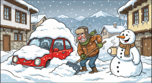 An angry man with a shovel shovels snow from a stuck red car in a snowstorm while a smiling snowman drinks coffee next to him and looks on.