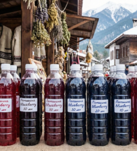 Пластмасови бутилки с домашно малиново и къпиново вино на пазара в Банско с гледка към Пирин.