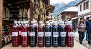Plastic bottles of homemade raspberry and blackberry wine at the market in Bansko with a view of Pirin Mountain.