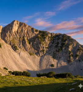 Връх Синаница и отражението му в Синанишкото езеро по залез слънце