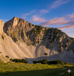 Sinanitsa Peak and its reflection in Sinanitsa Lake at sunset