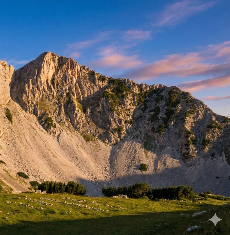 Sinanitsa Peak and its reflection in Sinanitsa Lake at sunset