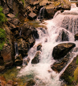 Планински водопад, който се спуска буйно по тъмни, мокри скали, заобиколен от наситена зелена растителност, папрати и мъх по стръмните брегове.