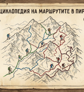 Илюстрирана карта „Енциклопедия на маршрутите в Пирин“ с легенда за трудност и дължина на пътеките, включително примери като връх Вихрен, Попово езеро и Кончето.