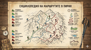 Illustrated map "Encyclopedia of Pirin Routes" with a legend for difficulty and length of the trails, including examples such as Vihren Peak, Popovo Lake and Koncheto.